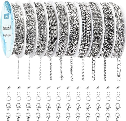ecoofor necklace chains for jewelry making, 78.7 feet 10 rolls stainless steel jewelry chains for diy necklace bracelet jewelry making with stainless steel jump rings/lobster clasps/connectors
