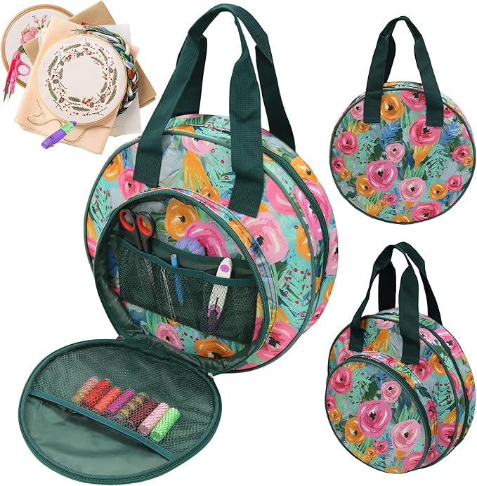 Floral Embroidery Project Bag, 13x13x3 Inch Round Cross Stitch Storage Bag, Portable Embroidery Organizer for Hoops Floss Thread Knitting Tools, Craft Gift for DIY Enthusiasts (Green)