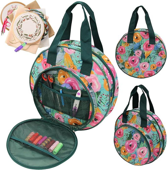 Floral Embroidery Project Bag, 13x13x3 Inch Round Cross Stitch Storage Bag, Portable Embroidery Organizer for Hoops Floss Thread Knitting Tools, Craft Gift for DIY Enthusiasts (Green)