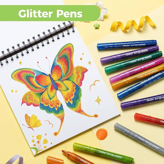 Ohuhu Glitter Markers Pen: 12 Glitter Colors Metallic Shimmer Marker Round Tip Water-based Ink for Kids Adults DIY Crafts Greeting Birthday Cards Making Mugs Wood Medium Tip 3.0mm