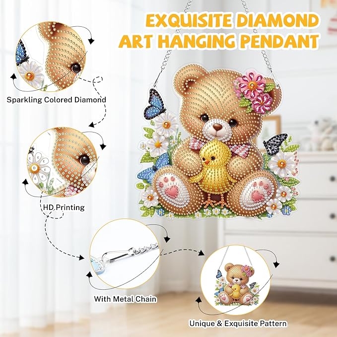 Bowetile Bear and Chick Diamond Art Hanging Kits for Adults, 5D Special Shape Diamond Painting Window Pendant Kits, Animal Gem Art Suncatchers Ornament for Home Garden Wall Decor