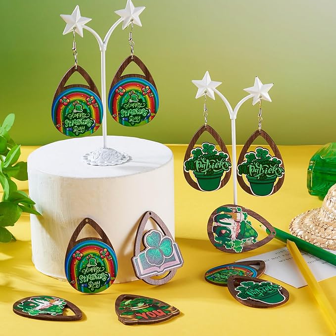 Beadthoven 10 Pairs DIY St Patrick’s Day Wood Dangle Earrings Making Starter Kit Green Shamrock Pendants Clover Hollow Teardrop Charms Ornaments Earring Hooks Jump Rings for Irish Jewelry Making Adult
