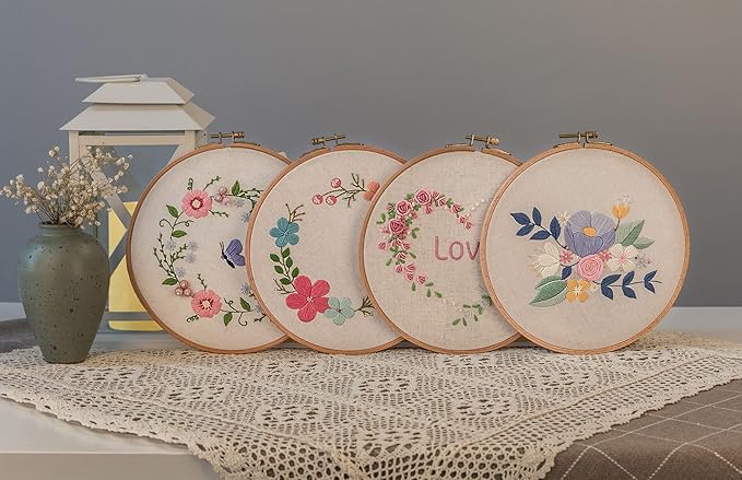 ebherys level-2: 4sets a pack, hand embroidery kit for adults, not cross stitch,lovely flowers, green plants and bird patterns, needlework diy kits, hoops, needle threader and frame(garland)