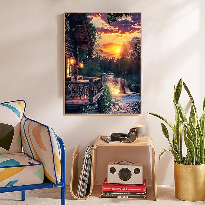 EIBEILI Diamond Art Kits for Adults, Wooden House Sunset Diamond Painting Kits for Beginner Round 5D Full Drill Diamond Dots Crafts for Home Wall Decor Gifts 12x16 Inch