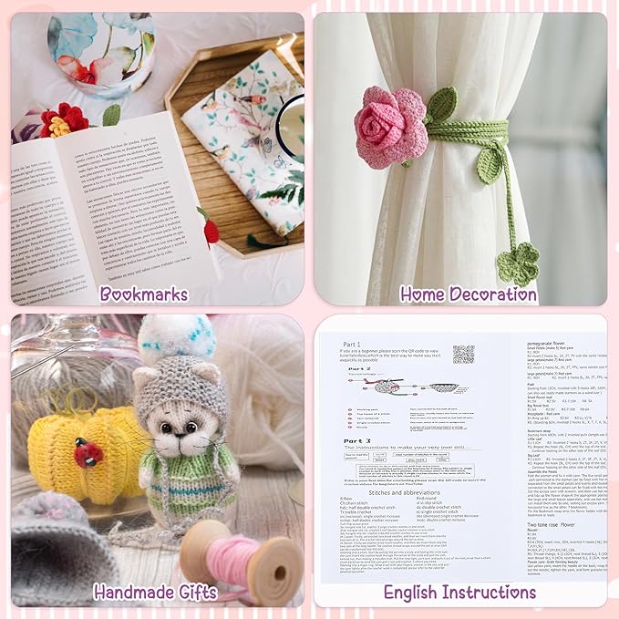 WSICSE 8 Pcs Crochet Flower Bookmarks, Handmade Floral Bookmark Knitting Kit with English Instructions Hook Yarn for Easter Decorations Gifts Book Lovers