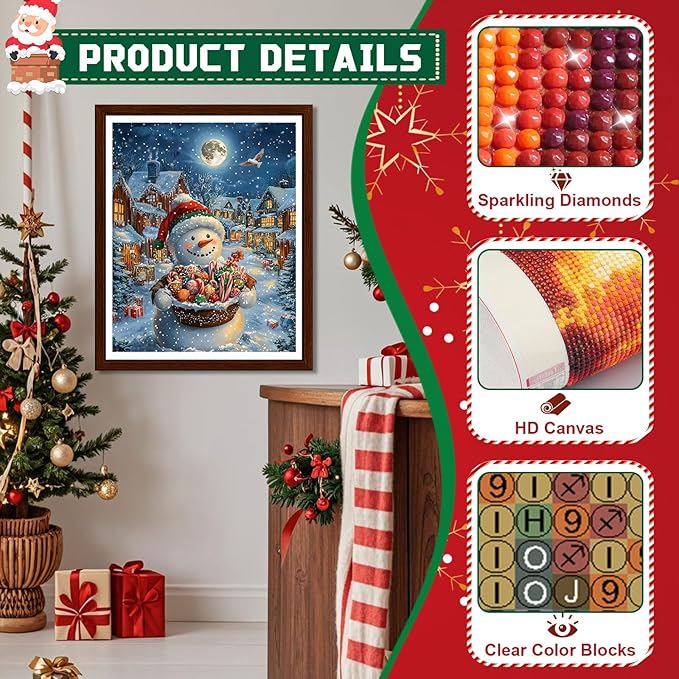 EMIEAUFG Christmas Diamond Art Kits for Adults, Christmas Snowman Candy Diamond Paiting Kit for Beginners, 5D DIY Round Full Drill Craft Diamond Dot Gem Art, Home Wall Decor 12" x 16"
