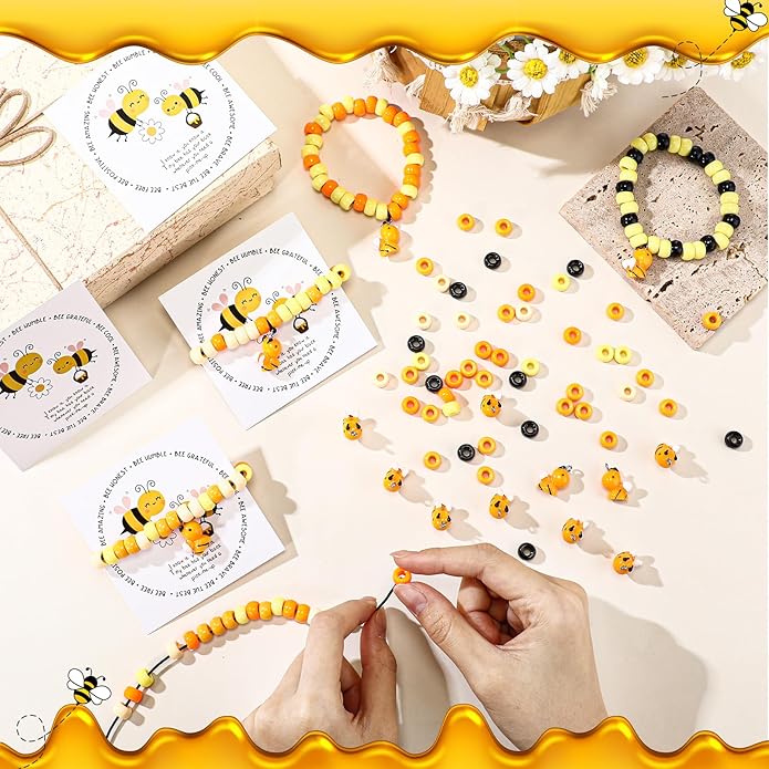 Highergo 50 Set Motivational Bee Themed Gifts Bee Bracelet Beads DIY Craft Kit with Inspirational Cards and Bags for Teacher Bee Party Favors