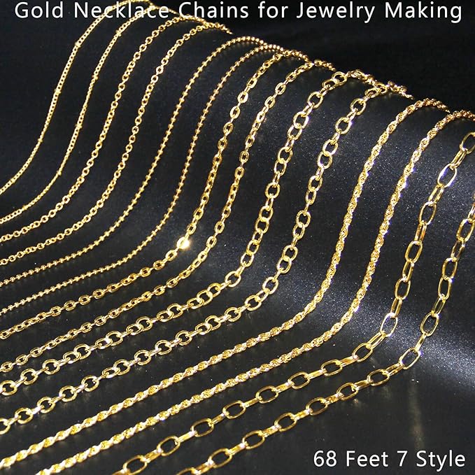 ZYEHXED Gold Necklace Chains for Jewelry Making, 68 Feet 7 Style Necklace Jewelry Chains for DIY Necklaces Bracelets Craft Making Supplies with Jump Rings Lobster Clasp Connectors Soft Tape Measure