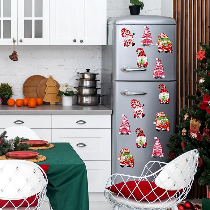 Frienda 12 Pcs Diamond Art Magnets Refrigerator Diamond Painting Magnets Seasonal Gnome Easy Kits Interchangeable for Adults Beginners DIY Gnome Home Decors Gifts Craft
