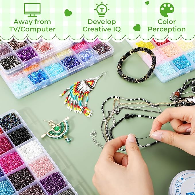 Tondiamo 32000 Pcs 2mm Glass Seed Beads and 12000 Pcs 7mm Tube Beads Set, Small Craft for DIY Bracelet Necklaces Crafting Jewelry Making Supplies with Beading Needles Elastic Strings, 48 Colors