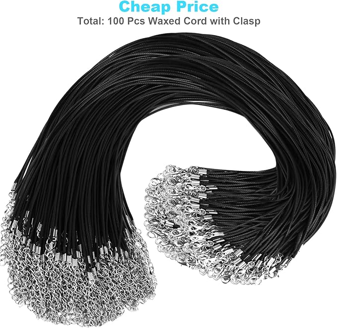 100Pcs Premium Leather Necklace Chains Bracelet Cord with Clasps for Pendants, Bulk Waxed Rope Necklace String, Black , 18" for Jewelry Making Supplies, 1.5mm DHOOZ