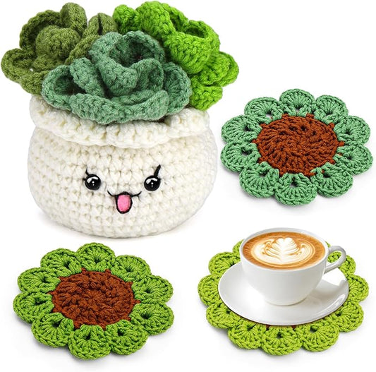 FTEVEN Crochet Kit for Beginners, 3PCS Coasters Potted Plants Crochet Starter Kit for Beginners Adults, Knitting Kit with Step-by-Step Video Tutorials and Crochet Yarns for DIY Christmas Decoration