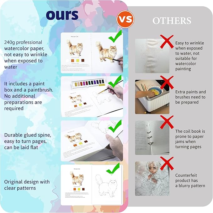 Watercolor Workbook Creative Insect Water color Paint Book Set with Paints & Brush, 12 Patterns of Original DIY Designs, Beginner-Friendly Adult Coloring Books (Cat)