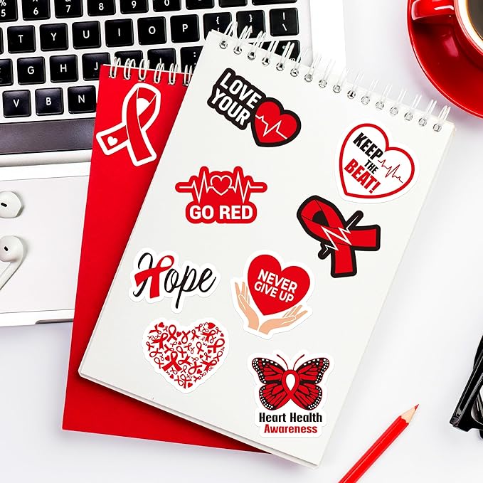beyumi heart health awareness stickers - 1000pcs heart health awareness stickers in 2 rolls waterproof vinyl red ribbon decals school event campaign laptop bottle luggage decor