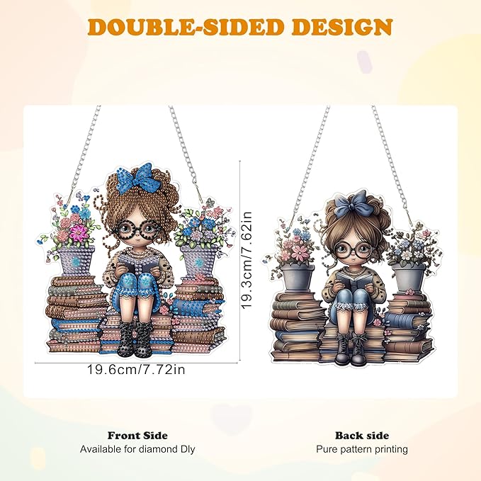 HEIBAGO Reading Book Diamond Art Hanging Kits for Adults, Diamond Art Suncatchers, 5D Special Shape Diamond Painting Pendant, DIY Window Ornament Gifts for Home Garden Door Wall Decor 8.3x8.3 in