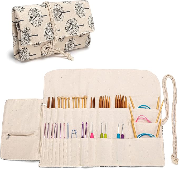 Teamoy Knitting Needles Holder Case(up to 11 Inches), Rolling Organizer for Straight and Circular Knitting Needles, Crochet Hooks and Accessories, Tree - NO Accessories Included