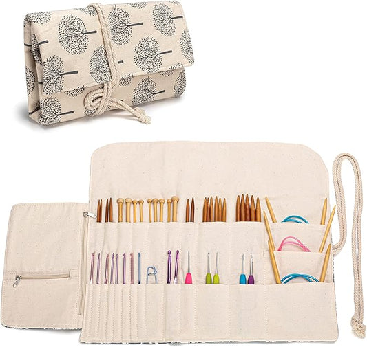 Teamoy Knitting Needles Holder Case(up to 11 Inches), Rolling Organizer for Straight and Circular Knitting Needles, Crochet Hooks and Accessories, Tree - NO Accessories Included