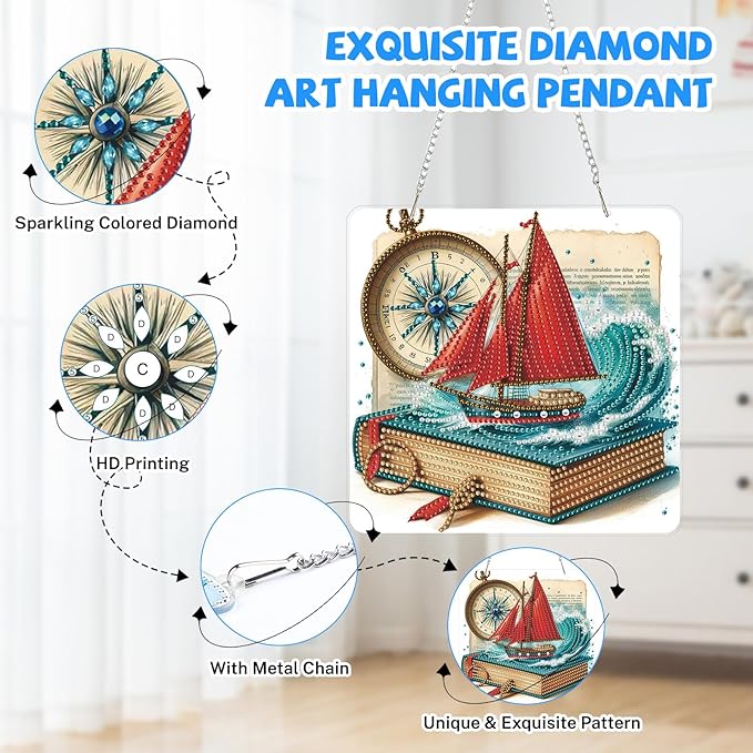 Diamond Art Hanging Kits for Adults, Diamond Art Suncatchers Nautical Adventure with Compass & Book, 5D Special Shape Diamond Painting Pendant Window Ornament Gifts for Home Decor