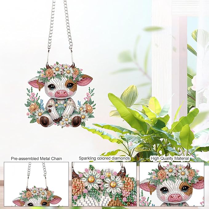 AiYuanzsh Cow Calf Diamond Painting Hanging Kit, 5D DIY Acrylic Special Shaped Diamond Art Pendant Ornament for Wall, Door, or Garden Decor, Cute Farm Animal Diamond Art Kit for Adults