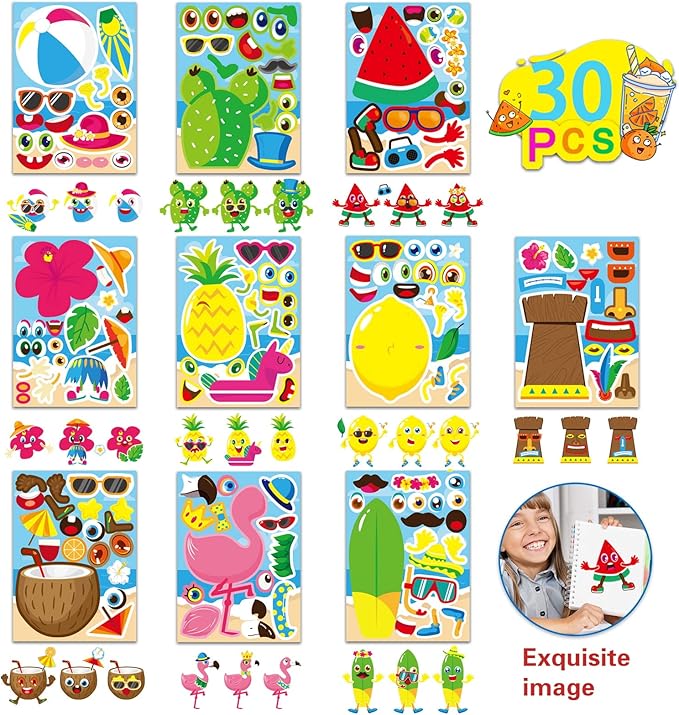 30 sheets hawaii make a face sticker summer pool beach stickers for kids make your own watermelon pineapple flamingo stickers for tropical luau craft party decor sticker summer holiday party favors