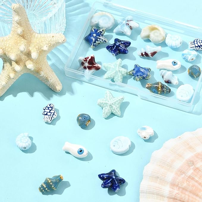 26Pcs Porcelain Ceramic Ocean Beads, 13 Styles Sea Seashell Fish Conch Starfish Porcelain Loose Spacer Beads for DIY Necklaces Bracelets Crafts Supplies