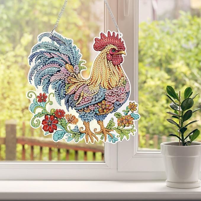 HEIBAG Rooster Hanging Diamond Art Kits for Adults, Chicken Special Shaped Crystal Diamond Painting Ornament Kit, DIY Double-Sided Pattern Window Pendant Gem Art Kit for Home Wall Decor 8.3x8.3inch
