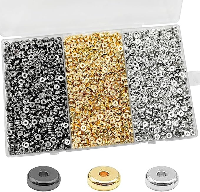 6mm Flat Round Spacer Beads, Clay Beads for Bracelets Making Kit, Heishi Polymer Flat Disc Spacer Beads for Jewelry Making, Clay Beads for Jewelry Making Gold Beads Silver (3000pcs)