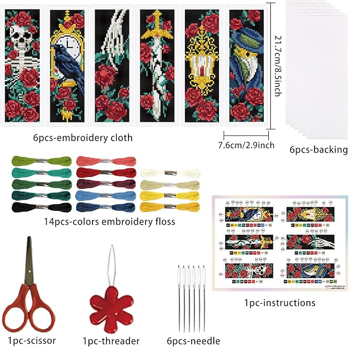ORIGACH 6 Pcs Cross Stitch Bookmark Kit for Beginner Adults, Gothic Patterns Stamped Embroidery Bookmark Kit with Instruction for Starters for Book Lovers