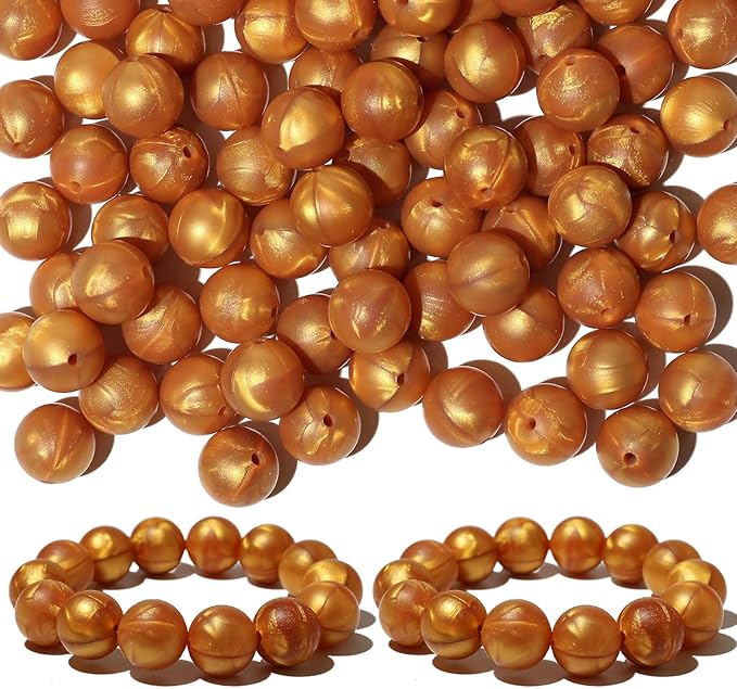 120pcs Richbunnys 15mm Bulk Silicone Beads for Pens and Keychain Making,Large Bead for Necklace and Bracelets Making,Assorted Rubber Beads Set（Pearlescent Gold）