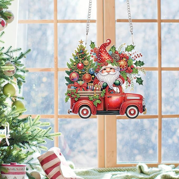 5D DIY Christmas Diamond Art Pendant Kit, Gnome, Christmas Tree & Car Design, Diamond Painting Hanging Ornament for Adults, Crystal Window & Door Decor, Holiday Gift Wall Home Decoration (24.1x23.4cm)