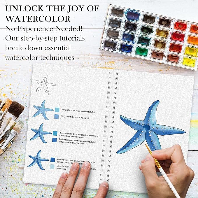 Watercolor Workbook, Watercolor Workbook Paint Book Beginner Friendly, 12 Different Patterns Stress-Relieving Art Crafts for Creative Exploration Gift for Women Adults Teens (Seaside, 1)