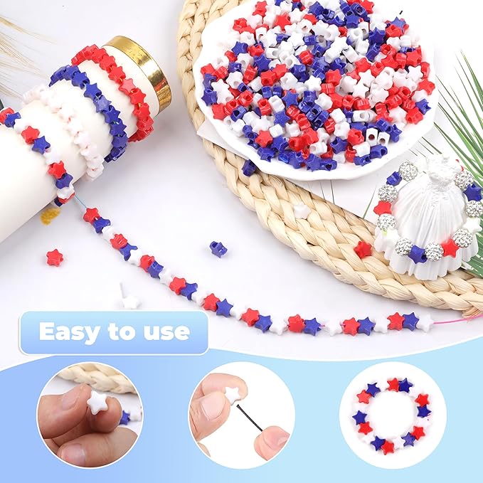 Red White Blue Star Pony Beads for Bracelet 1000 Pcs Independence Day for Jewelry Making Plastic Beads for Friendship Bracelets 6x9mm Beads for Hair Braiding(Red White Blue Stars)