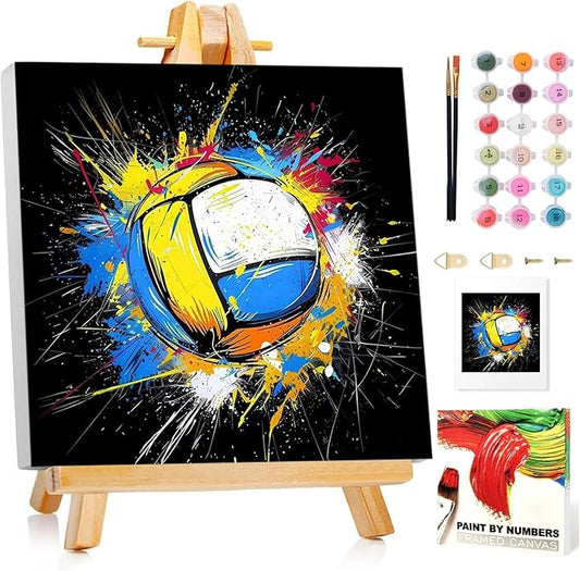 Paint by Numbers Kit for Kids with Frame, Volleyball Paint by Numbers for Kids Ages 4-8-12, DIY Volleyball Acrylic Oil Painting for Home Wall Art Decor Gift 7.8x7.8 inch (with Frame Easel)