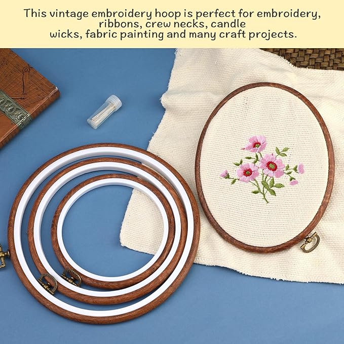 4 pack oval embroidery hoops, imitated wood display frame circle and oval embroidery kits with 30 pieces large eye embroidery needles, quilting hoop and cross stitch supplies for sewing and wall hang