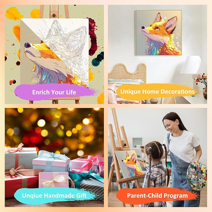 Fox Paint by Numbers Kit for Kids with Frame, Fox Paint by Numbers for Kids Ages 4-8-12, DIY Bird Acrylic Oil Painting for Home Wall Art Decor Gift 7.8x7.8 inch (with Frame Easel)