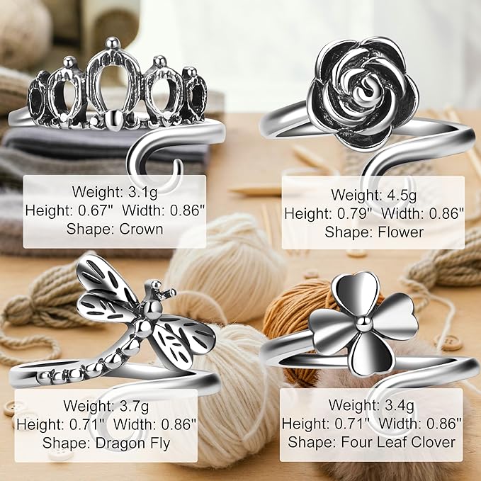 8 PCS Crochet Rings Sunflower Crown Cat Dog Butterfly Four-Leaf Clover Adjustable Yarn Tension Ring Knitting Tools Supplies Crochet Gifts for Crocheters