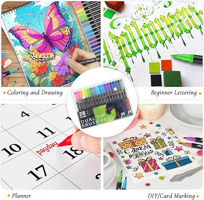 3Pcs Adult Coloring Book for Women Relaxation, 36 Colors Markers with Spiral Bound Adult Coloring Book for Women, 36 Dual Tip Colors Markers, Anxiety Relief Mindfulness Gifts(Ocean & Bird & Butterfly)