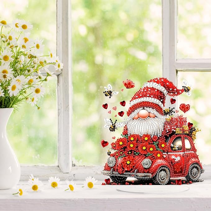 KEYIFA Diamond Painting Desktop Ornament, DIY Gnome Diamond Art for Adults Beginner, Red Flower Car Gem Arts Table Decor Special Shaped Rhinestone Crafts Home Desk Decoration Gift, Double Sided