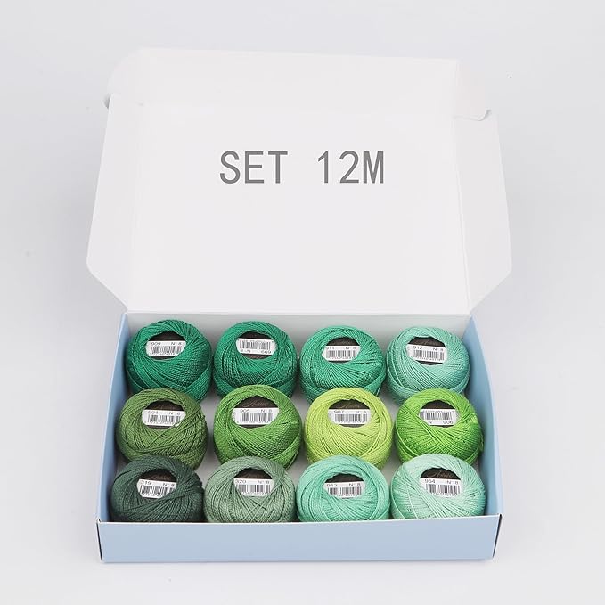 Size 8 Double Mercerized Egyptian Long Staple Cotton Pearl Thread 12 Gradient Colors per Box 5 Grams Ball Rainbow Color Embroidery Thread for Crochet Cross Stitch Hand Embroidery (12M)
