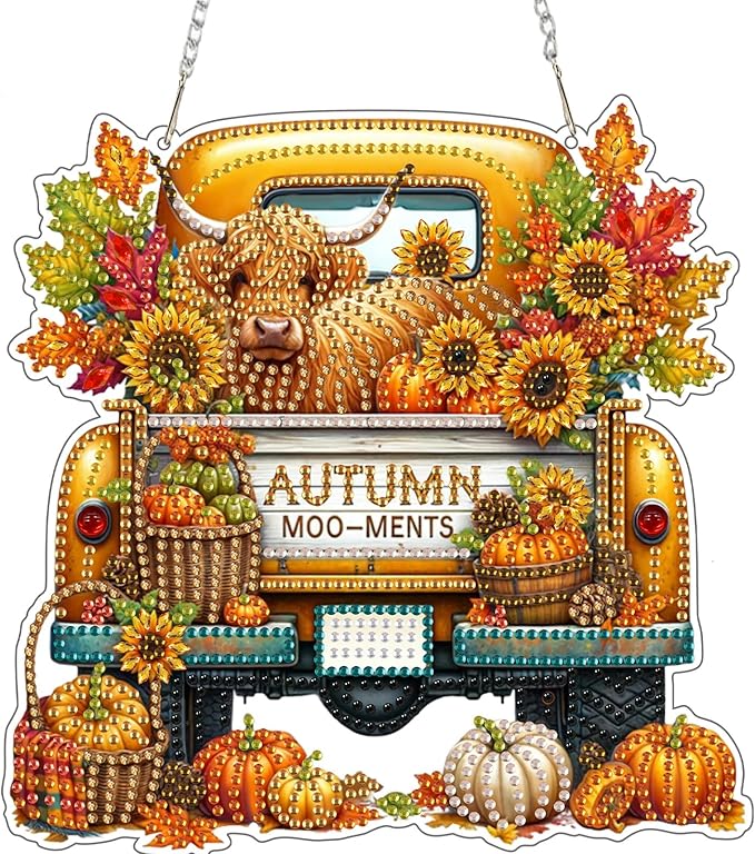 SENQAO Cow Diamond Art Hanging Kits for Adults Kids, Acrylic Diamonds Painting Pendant Board Kits, Diamond Art Painting Window Pendants Home Garden Wall Hanging Kits Hanging Ornament（Truck Sunflower）