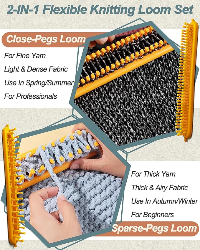 UCDRMA Upgraded Adjustable-Pegs Loom Knitting Kit (Pre-Installed Pegs), 2-in-1 Knitting Loom Set Quick Crochet Loom with 12 Yarn & Instructions & Pom Pom Maker, Scarf Loom Crochet Kit for Beginners