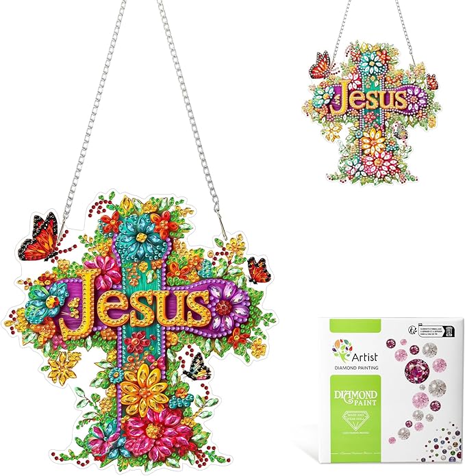 MAXBYE Diamond Art Kits for Adults Hanging Pendant, Jesus Cross DIY Special Shaped Diamonds Painting Double Sided Rhinestone Gem Art for Beginners Gift Window Wall Door Decoration 8×8 Inch