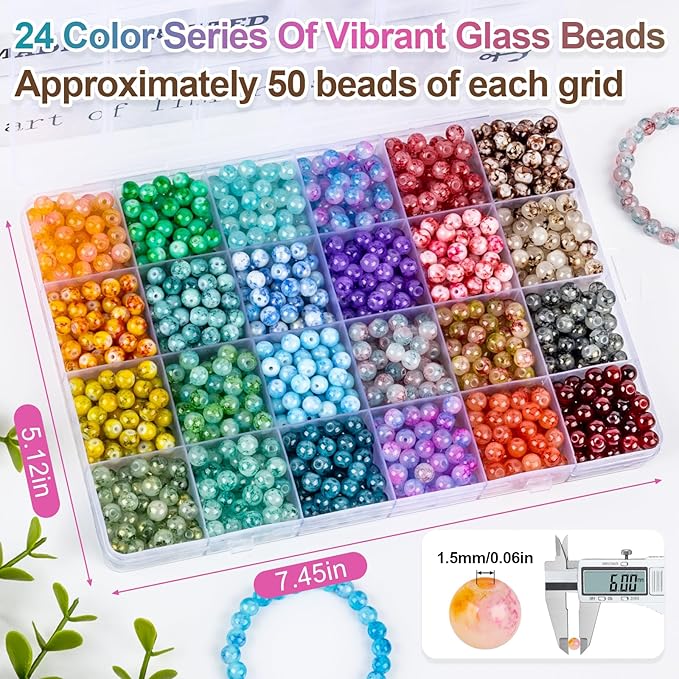XSEINO About 1200+ PCS 6mm Ink Style Glass Beads Bracelet Making Kit, 24 Assorted Ink Colorful Series Crystal Beads for Jewelry Making and DIY Crafts, Friendship Bracelets