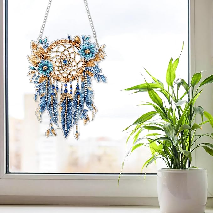 NAIMOER DIY Hanging Diamond Art Kits for Adults, Blue Dream Catcher Diamond Painting Kits, Special Shaped Rhinestone, Acrylic 5D Gem Art Craft Window Pendants Home Garden Wall Hanging Ornament Kits