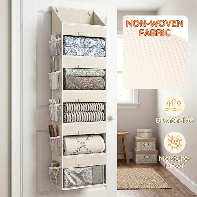 Ofiray-home Hanging Yarn Storage Organizer with 5 Drawers, Over the Door Large Capacity Knitting Organizer Storage&10 Mesh Side Pockets, Hanging Yarn Holder for Knitting Needles, Crochet Hooks- Beige