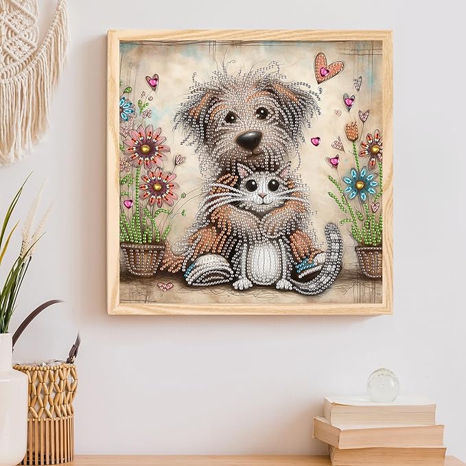 AiYuanzsh 5D Special Shape Diamond Art Kits for Beginners, Diamond Art Painting Kits for Adults, Crystal Rhinestones Diamond Art Painting for Home Wall Decoration Gift 12×12 inch, Cat and Dog