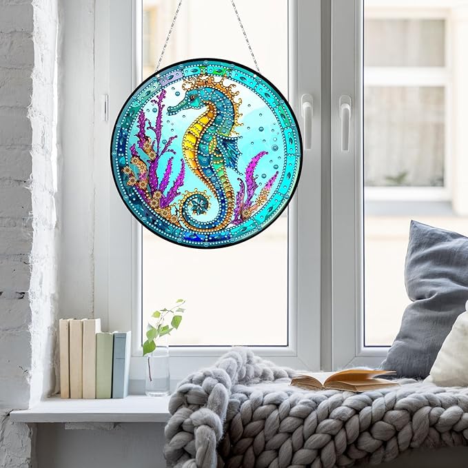 Generic DIY Hanging Diamond Pendant Special Shaped Crystal Diamond Art Painting Ornament Single Sided for Window Home Garden Wall Door Decor-Seahorse