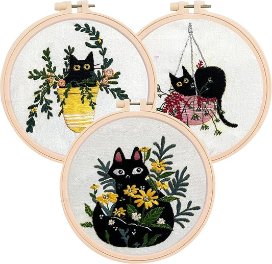 The ZenStore Embroidery Kit for Beginners – Black Cats & Kittens 3 Pattern Set – Complete DIY Needlepoint Kit with Hoops, Thread, Fabric, and Tools – Cute Animal Cat Embroidery Gift