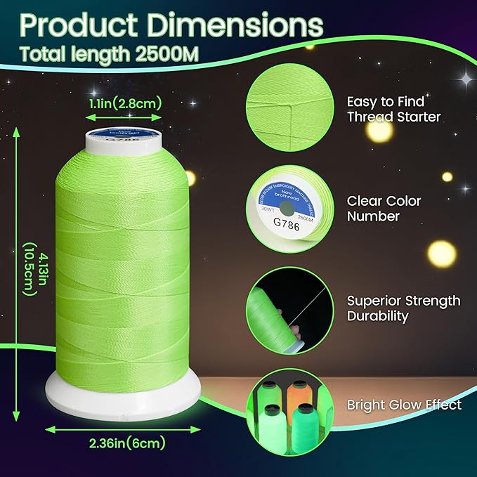 New brothread Single Huge Spool Luminary Glow in The Dark Embroidery Machine Thread Kit 30WT 2500M(2735Y) Each Spool for Embroidery, Quilting, Sewing-G792