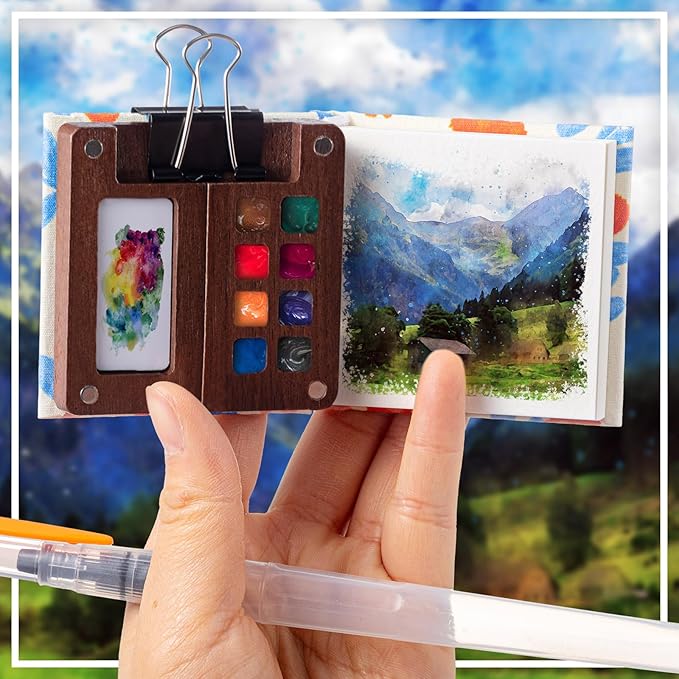 Qilery Mini Portable Watercolor Palette Set Wooden Grid Paint Box Watercolor Paper Sketch Book Brush Pens with Binder Clip for Painters Artist Not Include Paint(Azalea)